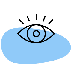 Outline icon of a winking or watchful eye with radiating lines, set on a gray and light blue background shape.