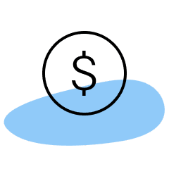 A black dollar sign inside a circle is centered above an irregular blue shape on a light gray background.
