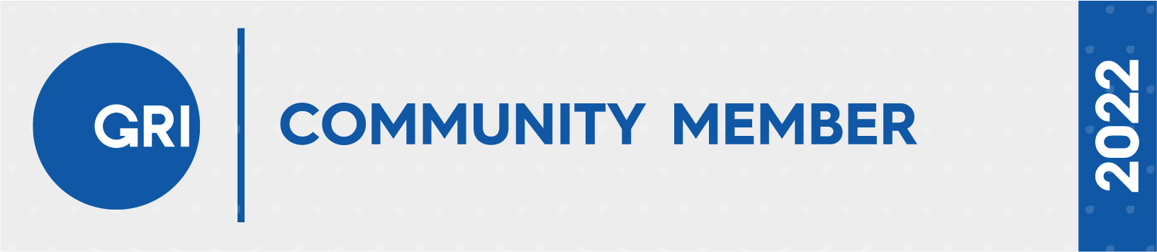 A rectangular badge with a blue circle labeled GRI, the words Community Member in blue, and a vertical blue stripe on the right displaying 2022 in white text.