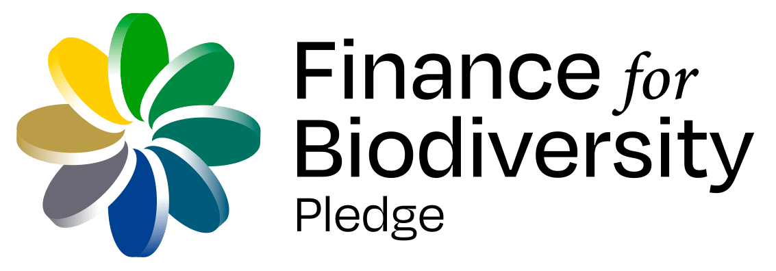 Logo with six overlapping, petal-like shapes in yellow, green, and blue shades next to the text Finance for Biodiversity Pledge in black and gray font.