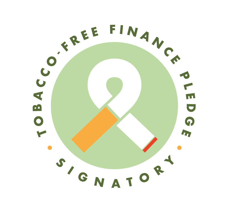 A circular logo with the text Tobacco-Free Finance Pledge Signatory surrounds an image of a broken cigarette forming a white ribbon on a green background.