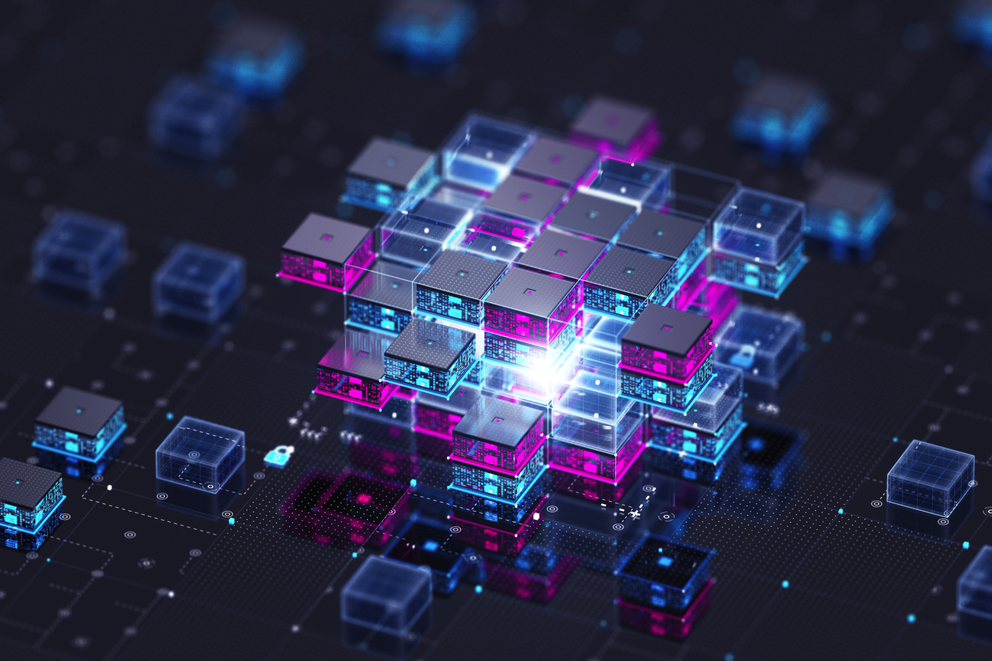 AI represented by digital cells on a screen