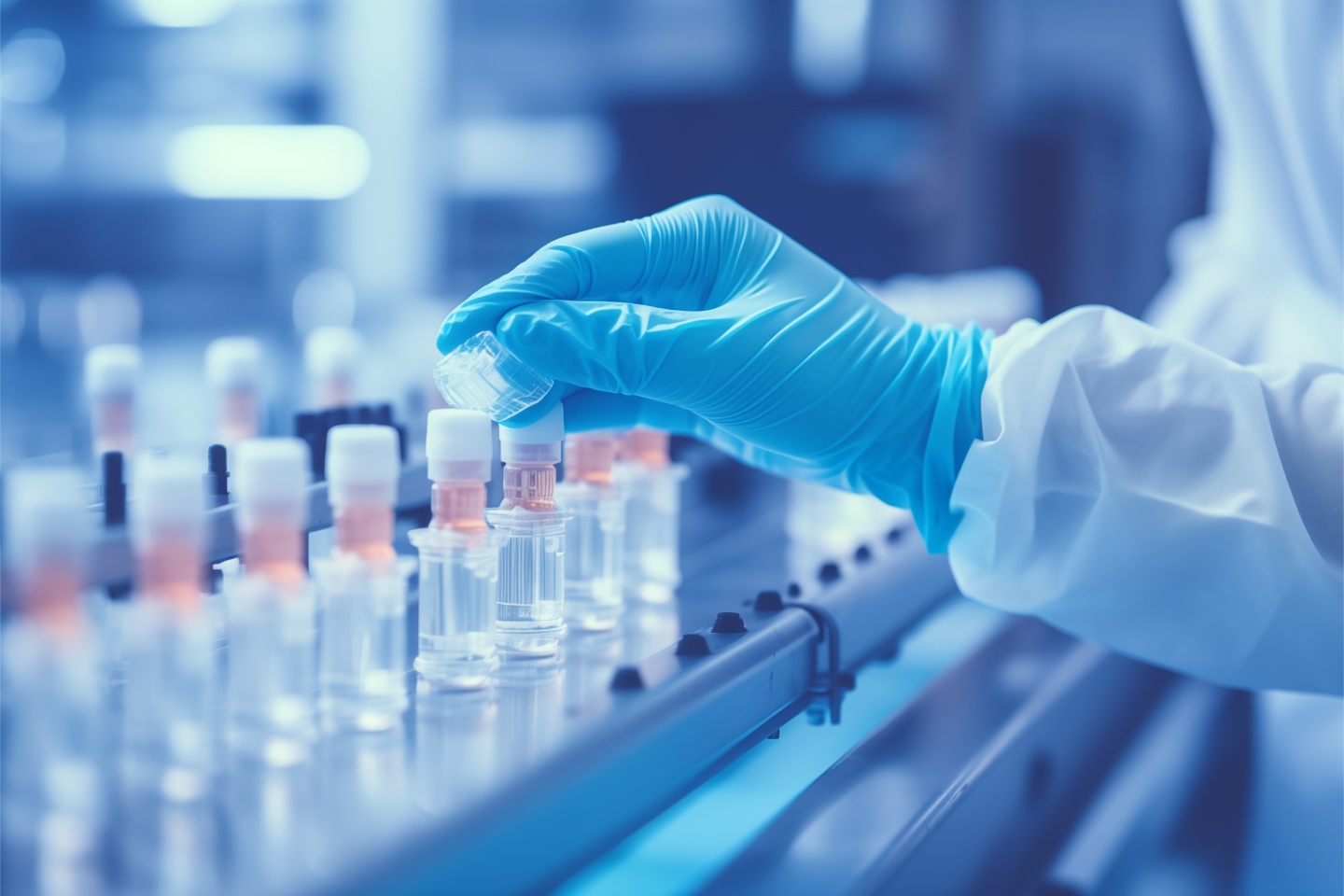 Person in a factory with gloves and protective gear checking samples on a production line