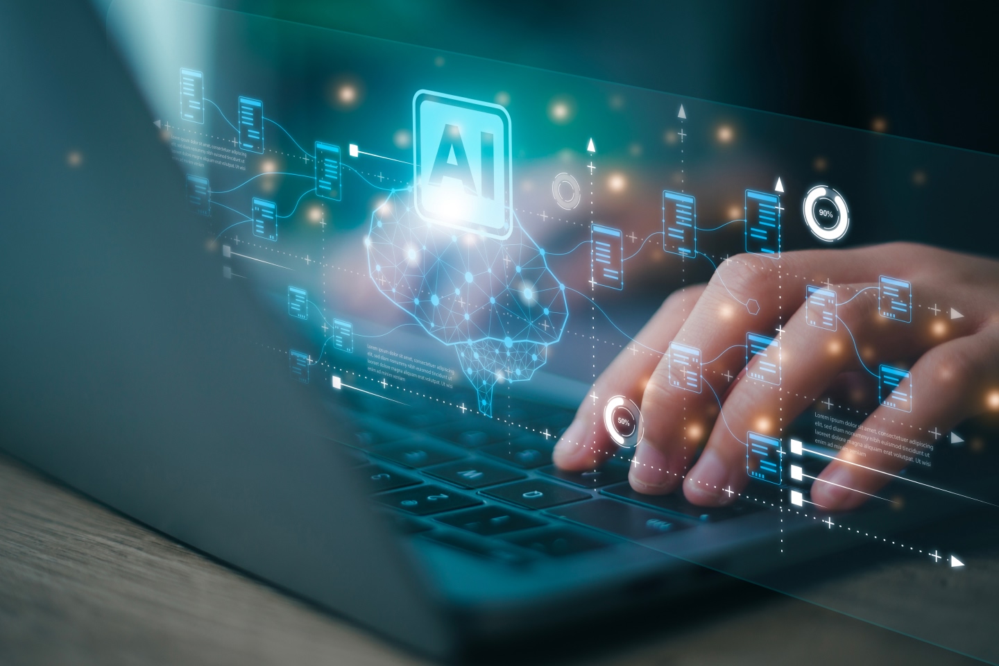 Person on a laptop using AI, indicated by a floating interface