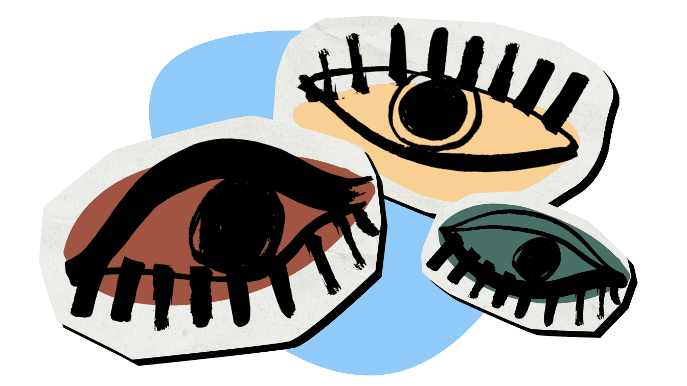 Three brushstroke-style drawings of eyes collaged together in red, yellow and green