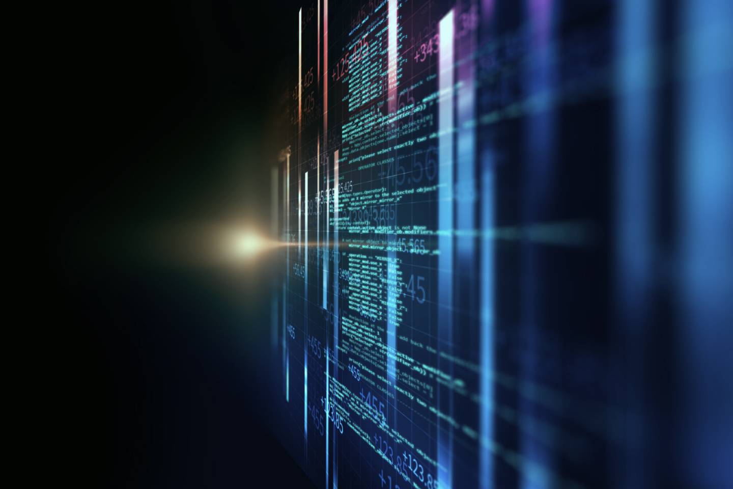 Blue and green digital data streams with code and numbers scrolling vertically