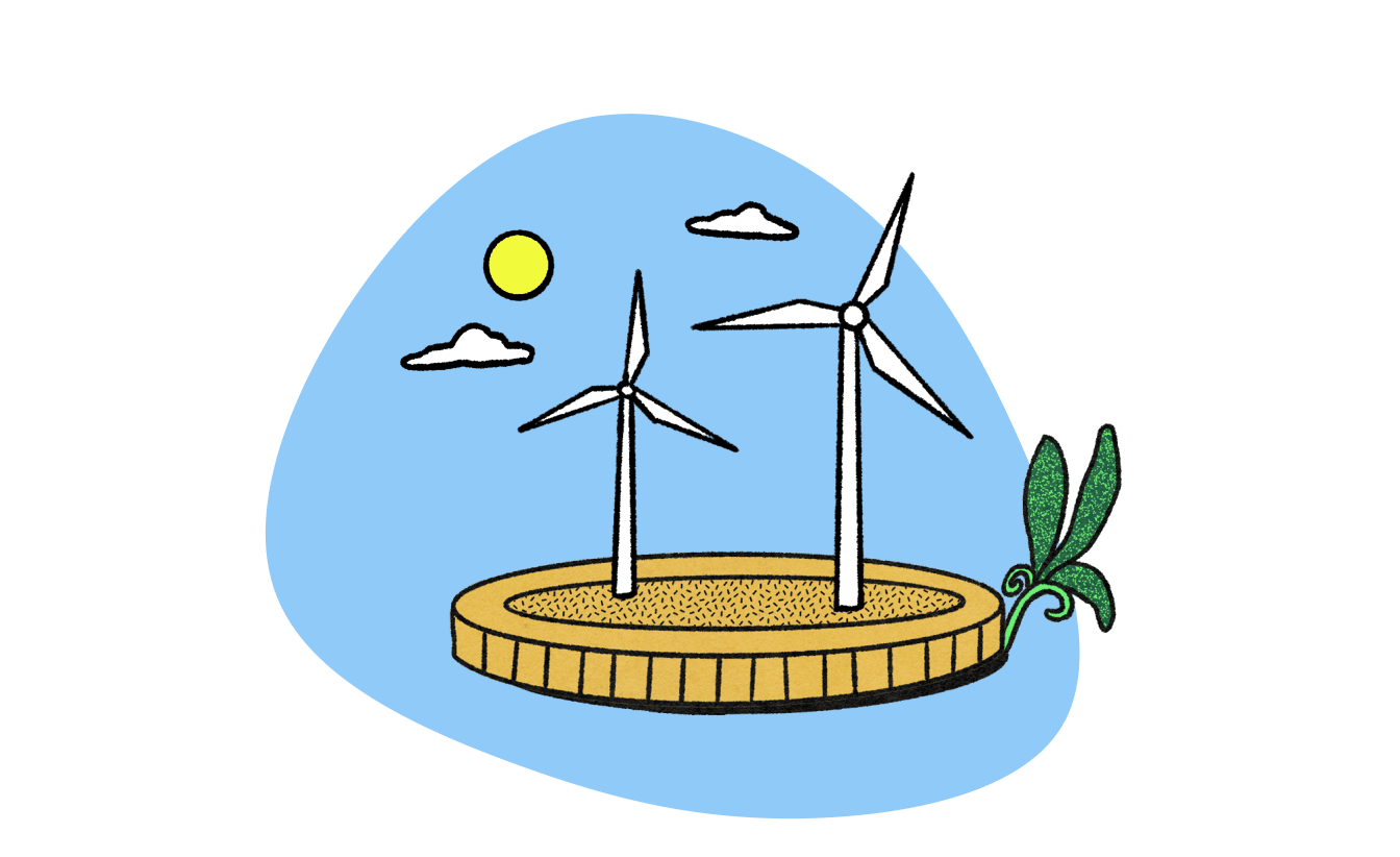 Cartoon illustration of wind turbines standing on a large coin, symbolizing renewable energy investment.
