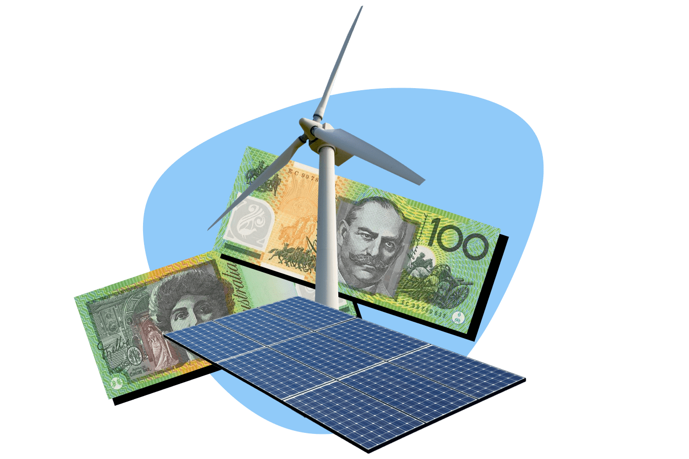 A wind turbine and a photovoltaic solar panel overlaid on two Australian hundred-dollar bills, against a light blue background.
