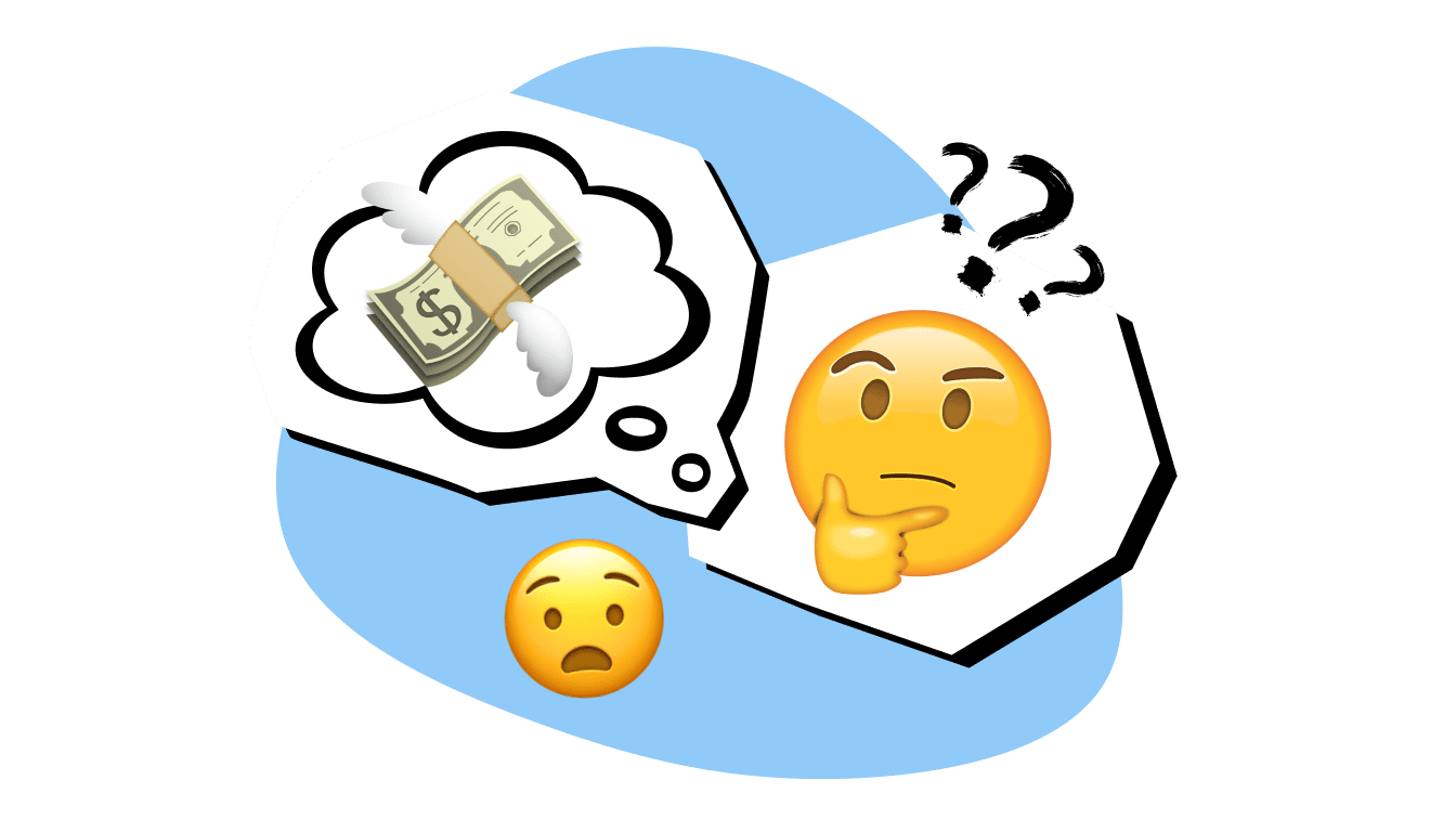 Illustration of a thinking emoji contemplating a stack of money with wings, alongside a surprised or worried emoji, on a blue background.
