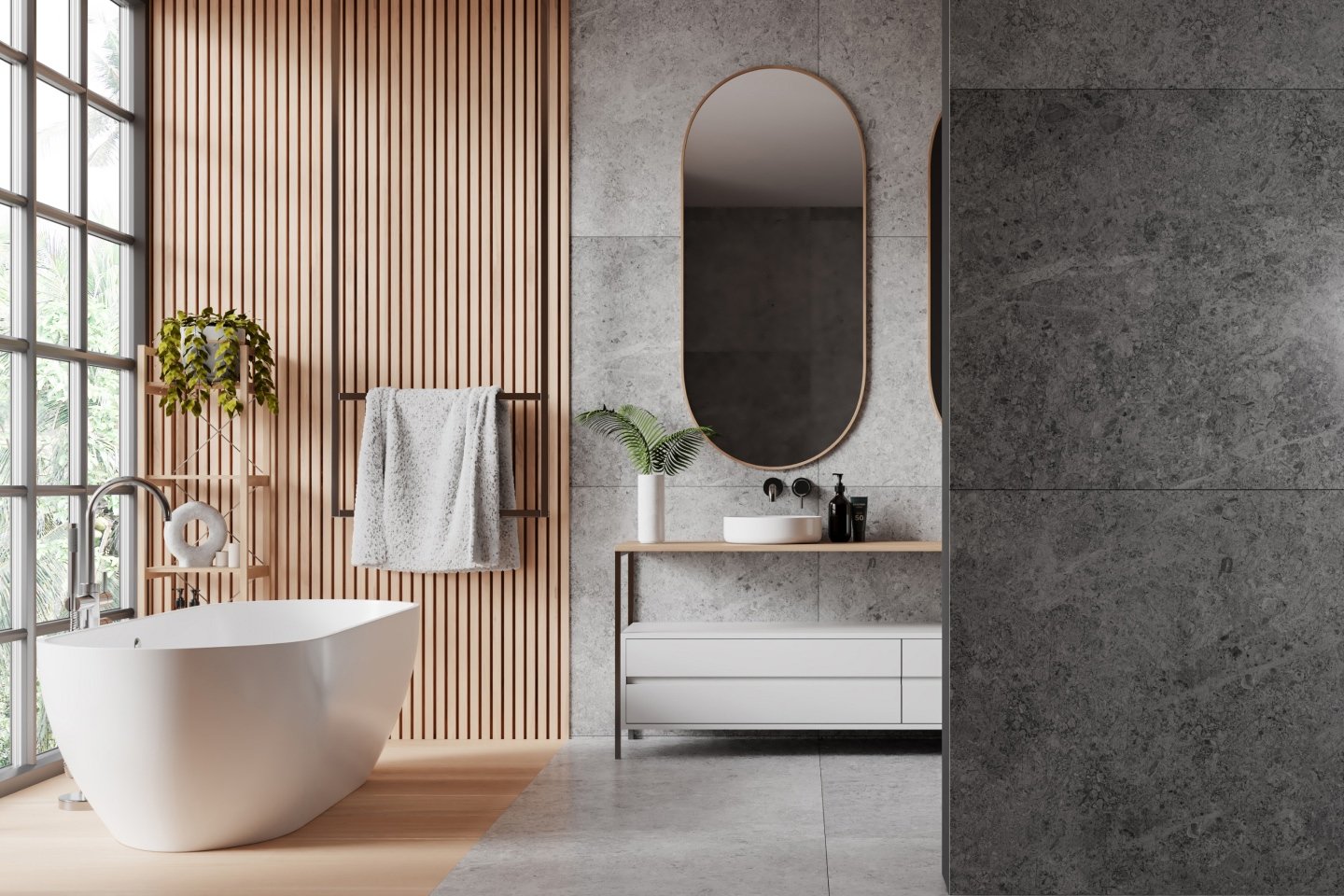 A modern, clean bathroom with a big bathtub and a full length mirror