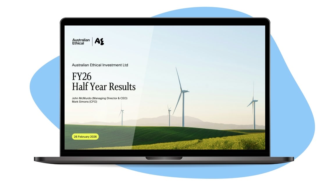 Australian Ethical FY26 Half Year Presentation on Laptop