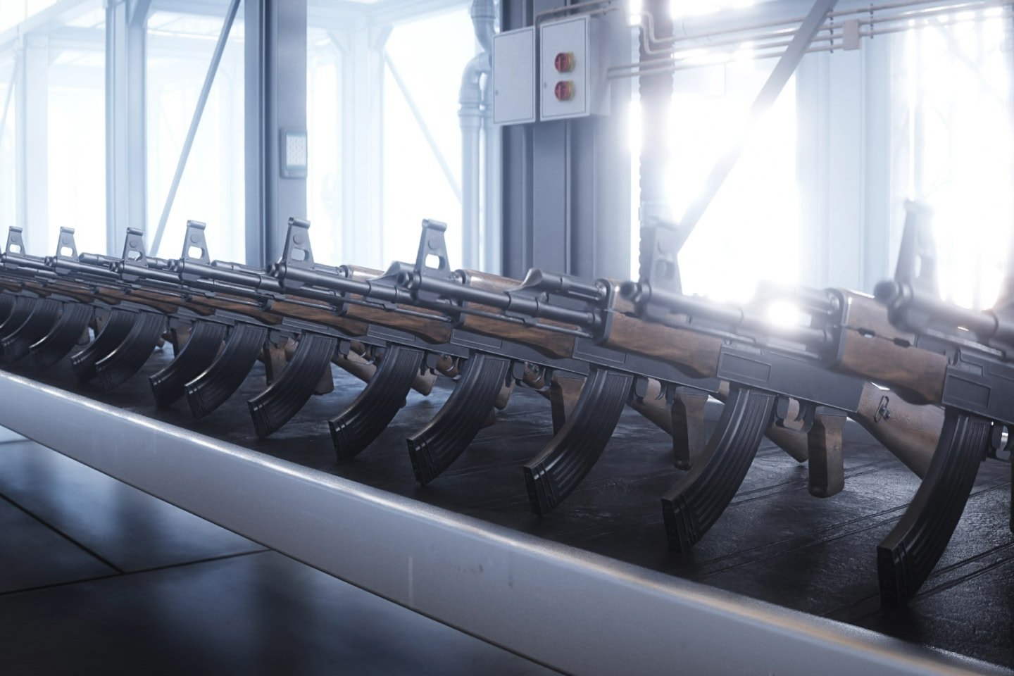 Guns on a production line in a factory, an example of what we do not invest in at Australian Ethical
