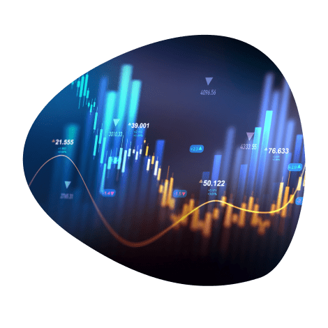 Abstract digital financial chart with candlestick patterns in green and pink, overlaying a network of data points and waves.